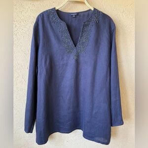 Lands’End Linen Beaded Tunic, navy blue